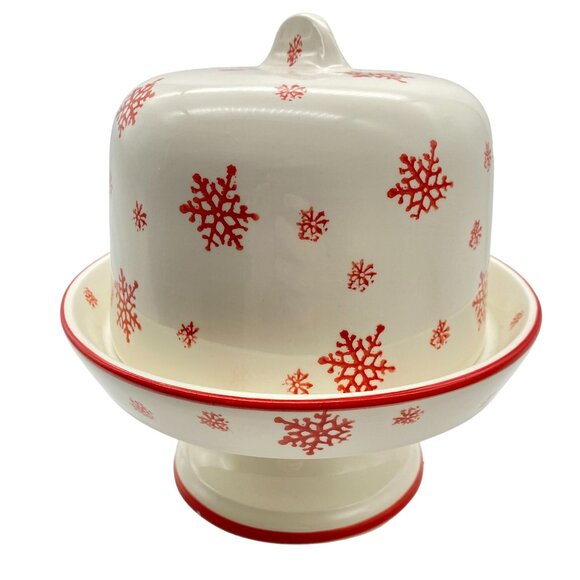 Farval Red white snowflake print covered pie cake dessert stand plate cookies Po - Picture 4 of 14